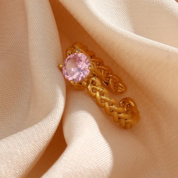 Pink Cubic Zirconia Woven Chain Adjustable Ring 18K Gold Plated‎ Stainles… - Picture 3 of 10